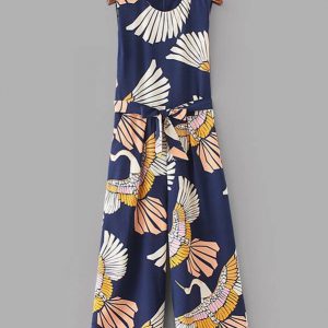 Cranes Print Belted Wide Leg Jumpsuit