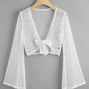 Bell Sleeve Knot Front Crochet Kimono