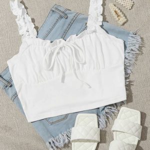 Frilled Strap Tie Front Ruched Bust Crop Top