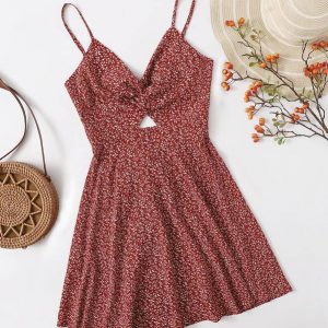 Twist Front Tie Back Ditsy Floral Print Peekaboo Cami Dress