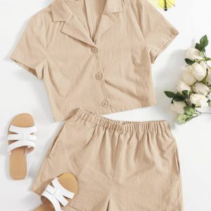 Single Breasted Solid Blouse & Shorts Set