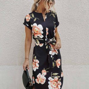 Notched Neck Floral Print Belted Dress