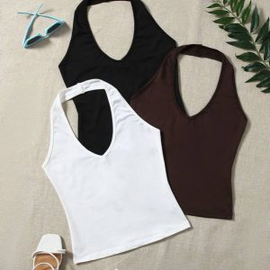 3pcs Solid Backless Halter Top