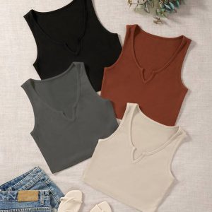 4pcs Solid Notched Tank Top