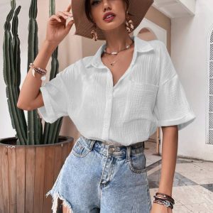Roll Up Sleeve Pocket Front Textured Knit Blouse