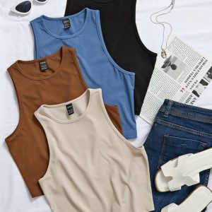 4pcs Rib Knit Solid Tank Top