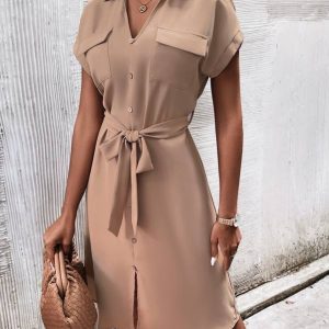 Flap Pocket Batwing Sleeve Split Hem Belted Dress