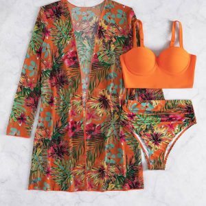 Tropical Print Ruched Push Up Bikini Swimsuit With Kimono