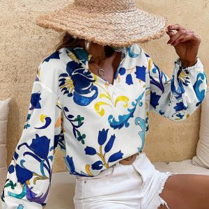 Floral Print Notched Neck Lantern Sleeve Blouse