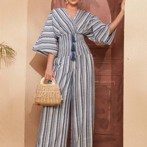 Striped Print Shirred Tassel Detail Wide Leg Jumpsuit