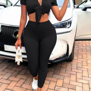 SXY Tie Front Crop Top & Ruched Hem Leggings