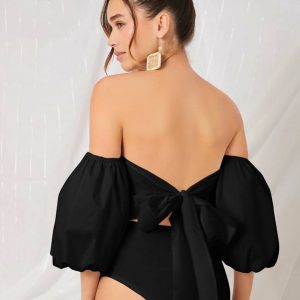 Off Shoulder Puff Sleeve Tied Backless Bodysuit
