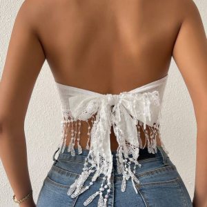Jacquard Guipure Lace Fringe Hem Tie Back Crop Tube Top
