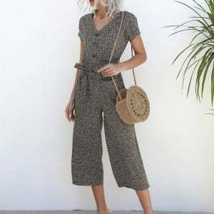 Allover Print Batwing Sleeve Dual Pocket Belted Jumpsuit