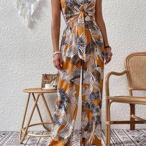 Tropical Print Knot Front Crop Tank Top & Wide Leg Pants