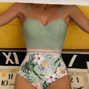 Random Tropical & Pineapple Print Push Up One Piece Swimsuit