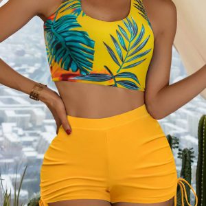 Tropical Print Criss Cross Drawstring Bikini Swimsuit