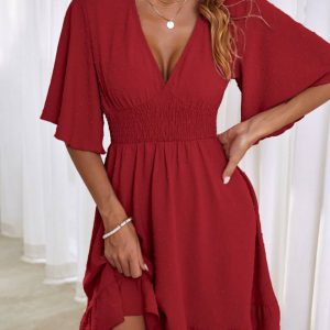 Swiss Dot Butterfly Sleeve Ruffle Hem Dress