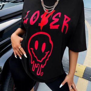 SXY Letter & Expression Print Drop Shoulder Tee