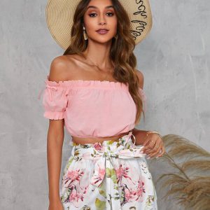 Off Shoulder Knot Frilled Top & Floral Print Paperbag Waist Belted Shorts