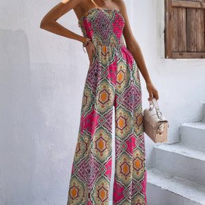 Allover Print Shirred Wide Leg Tube Jumpsuit