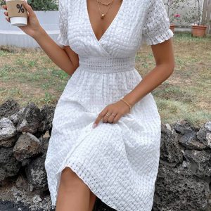 Gingham Puff Sleeve Shirred Waist Dress