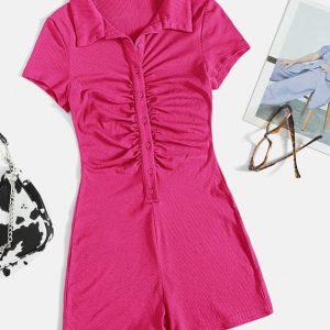 Button Placket Ruched Front Rib-knit Solid Romper