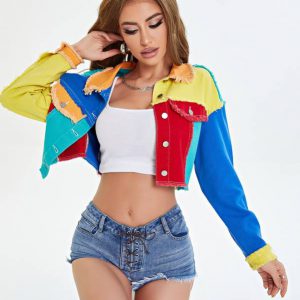 Colorblock Raw Trim Crop Denim Jacket