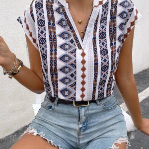 Geo Print Batwing Sleeve Popover Blouse