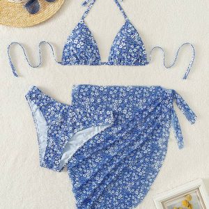 3pack Ditsy Floral Halter Triangle Bikini Swimsuit