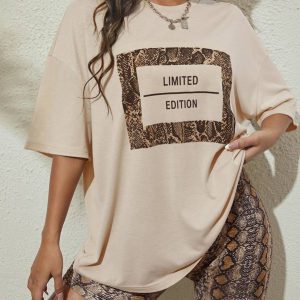 Letter & Snakeskin Print Drop Shoulder Tee & Biker Shorts