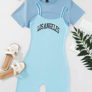 High Low Hem Tee & Letter Graphic Cami Romper