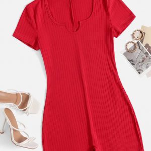 Notched Neck Rib Knit Unitard Romper