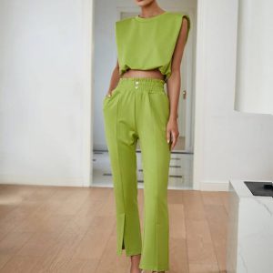 Sollinarry Shoulder Pad Top & Split Hem Pants