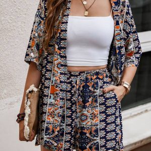 Paisley Print Open Front Kimono & Shorts Set Without Tube Top